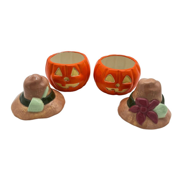 Halloween Decor Scarecrow Jack O Lantern Pair Handpainted Removeable Hat Signed - Picture 5 of 12